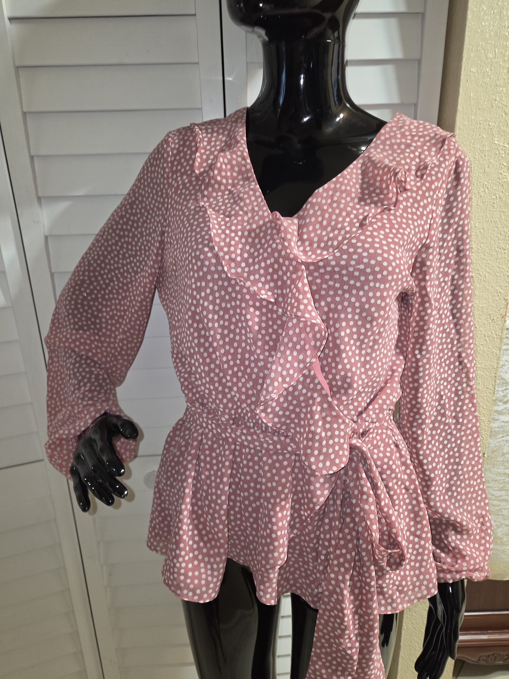 Women’s Pink Polka Dot Ruffle Wrap Top, Size M
